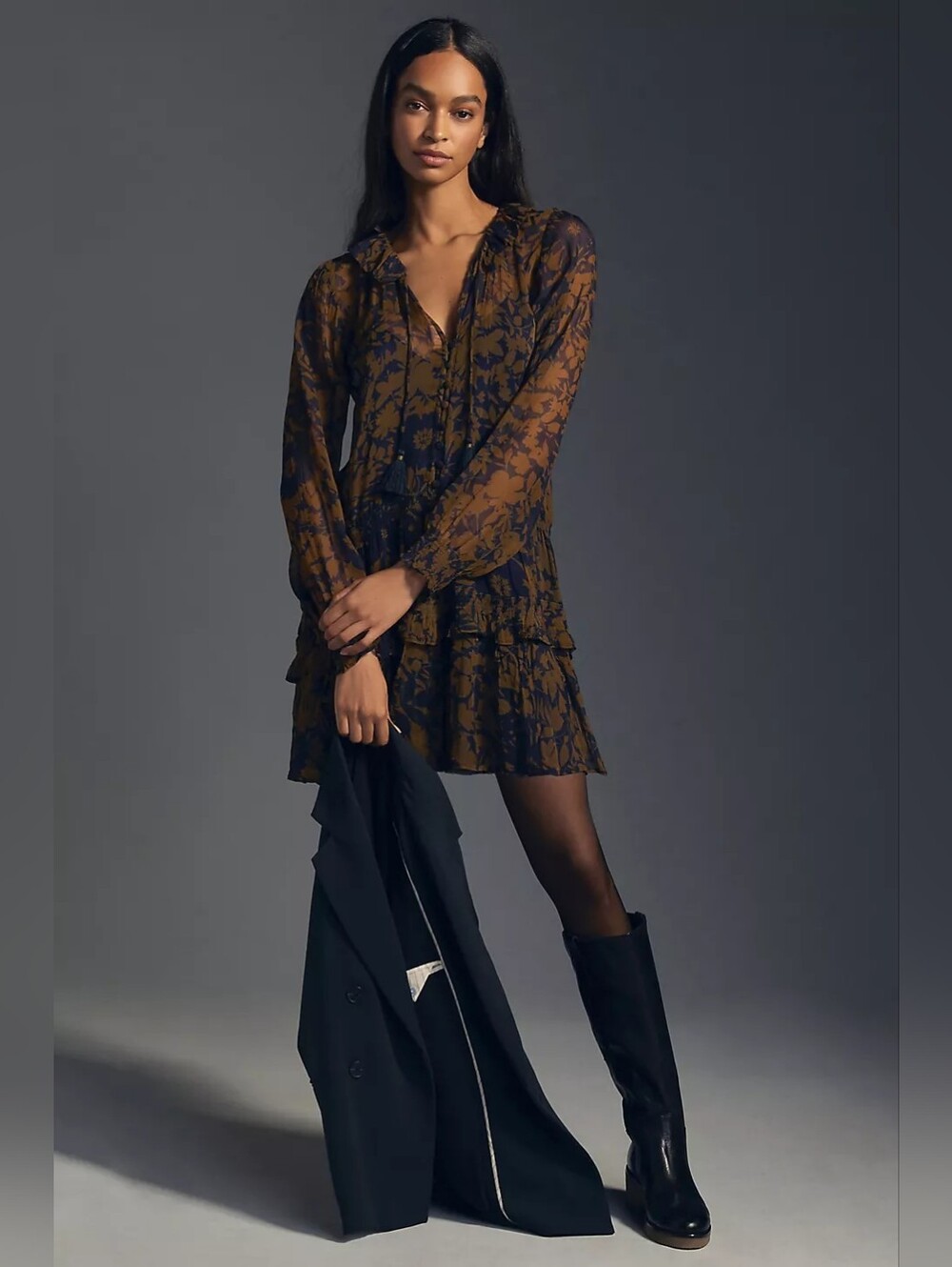 Anthropologie Marais Olive Green & Navy Floral Printed Chiffon Tiered Mini Dress